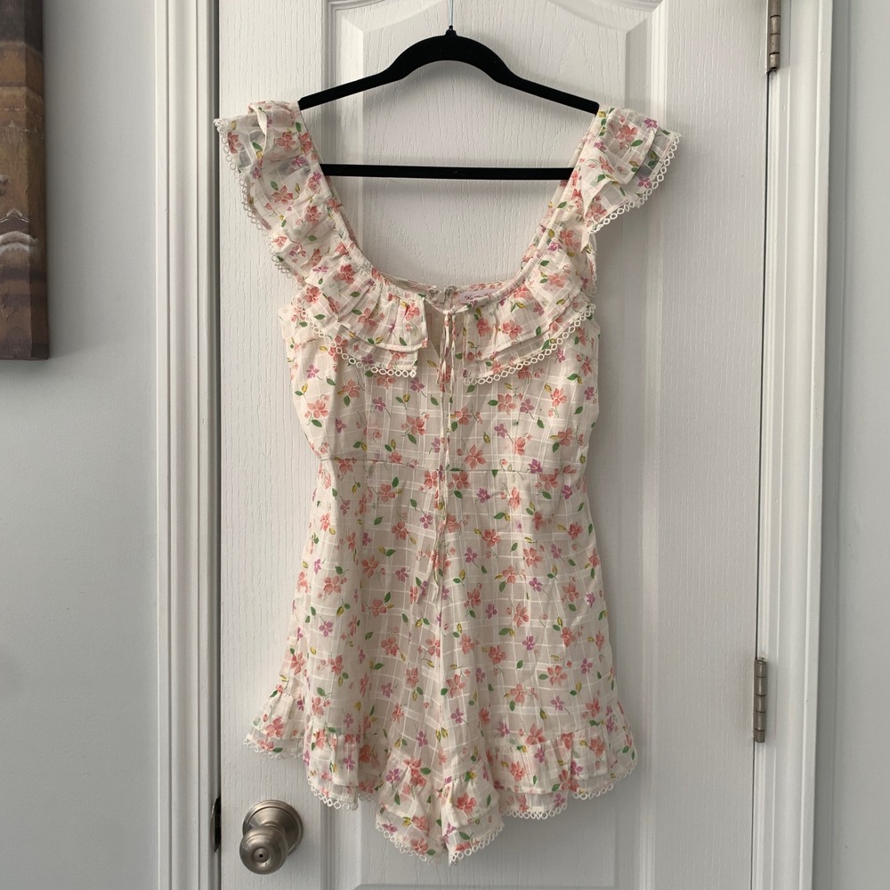 Winston White Floral‎ Ruffle Romper White Pink Grid Eyelet Trim Womens Size S